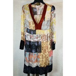 BACI Women's Silk & Velvet Patchwork Long Sleeve Midi Dress V-Neck Italy Size L